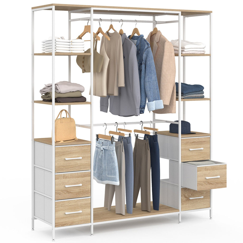 Dressing avec double penderie et double colonne L. 140 cm UTAH, 6 étagères et 6 bacs en tissu, bois et blanc