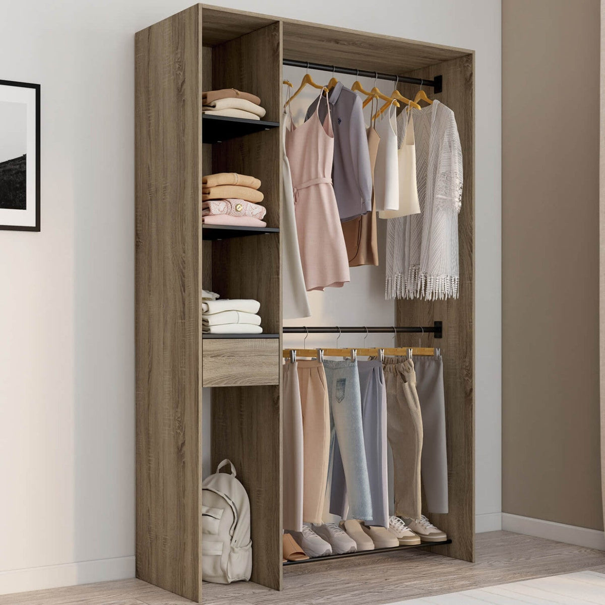 Dressing double penderie L. 110 cm MIRTY avec étagères + tiroir + rangements à chaussures hêtre et noir
