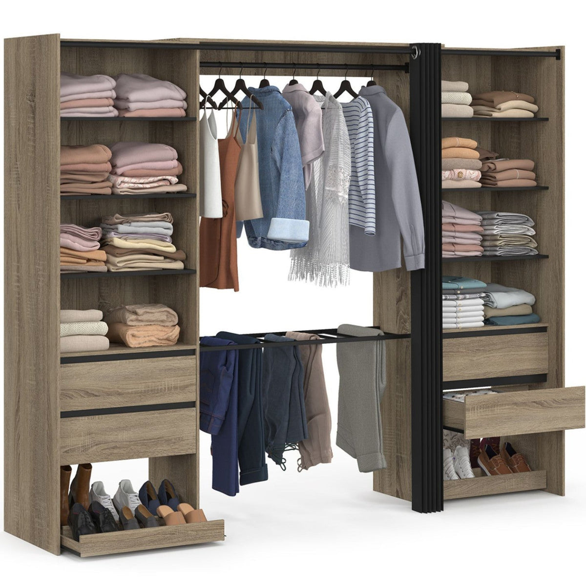 Dressing double XXL MERYL 220 cm avec porte-pantalons + étagères + tiroirs + rangements à chaussures hêtre et noir