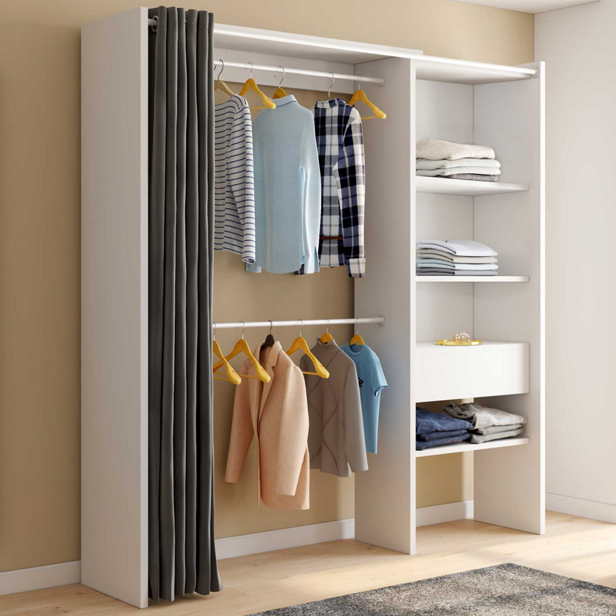 Dressing extensible MARTY 120/170 x 50 x 180 cm blanc avec étagères + double penderie + rideau gris