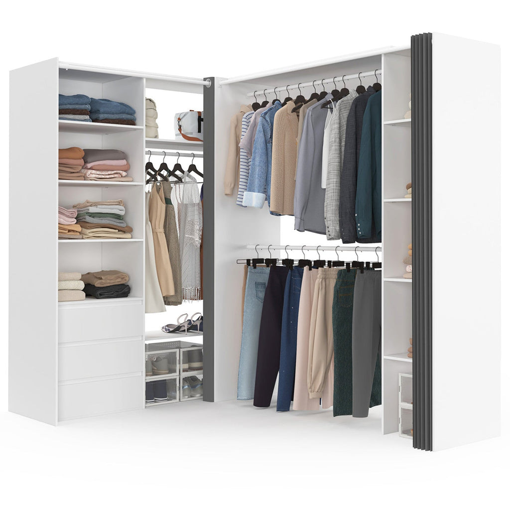 Dressing d'angle extensible MARLON 200 x 150 x 180 cm blanc avec penderies + tiroirs + étagères + rideaux gris