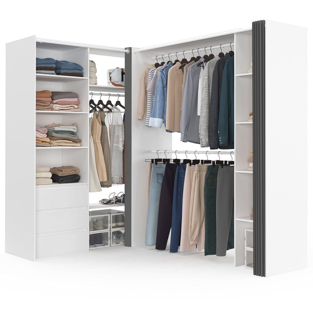 Dressing d'angle extensible MARLON 200 x 150 x 180 cm blanc avec penderies + tiroirs + étagères + rideaux gris