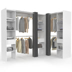 Dressing d'angle extensible MARLON 230 x 140 x 180 cm blanc avec penderies + étagères + rideaux gris