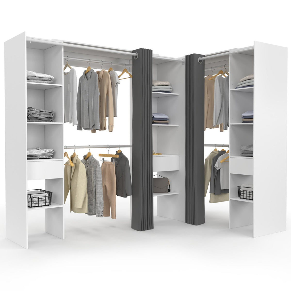 Dressing d'angle extensible MARLON 230 x 140 x 180 cm blanc avec penderies + étagères + rideaux gris