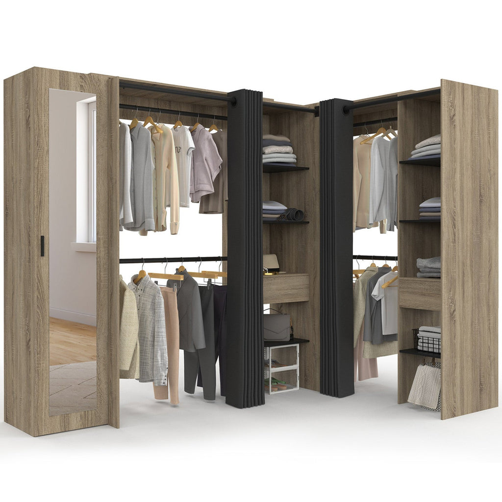 Dressing d'angle extensible MARLON 230 x 140 x 180 cm hêtre avec penderies + étagères + miroir + rideaux noirs