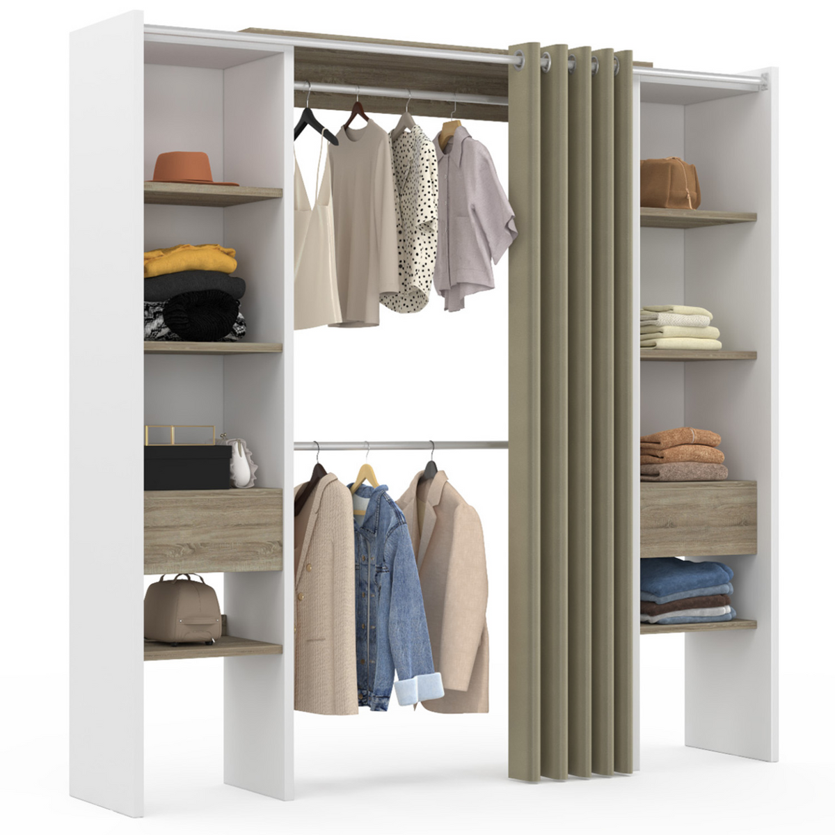 Dressing extensible double MERYL 120/180 x 50 x 180 cm blanc avec étagères hêtre + double penderie + rideau taupe