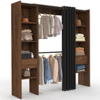 Dressing extensible double MERYL 120/180 x 50 x 180 cm noyer avec étagères + double penderie + rideau noir