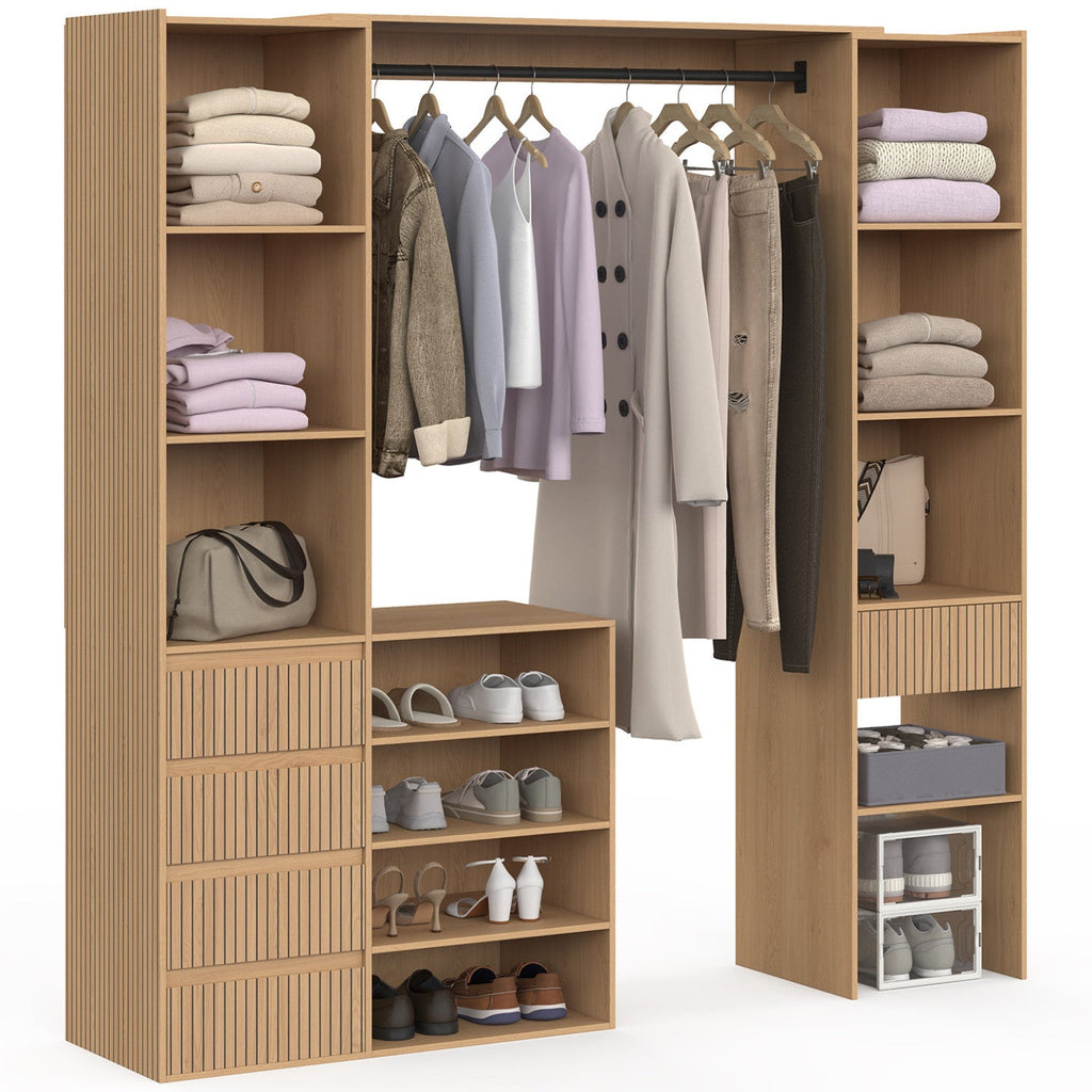 Dressing extensible double XXL JULIETTE 120/180 cm effet lattes tasseaux bois avec tiroirs + étagères + penderie