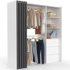 Dressing extensible MARTY 120/170 x 50 x 180 cm blanc avec 3 tiroirs + étagères + double penderie + rideau gris