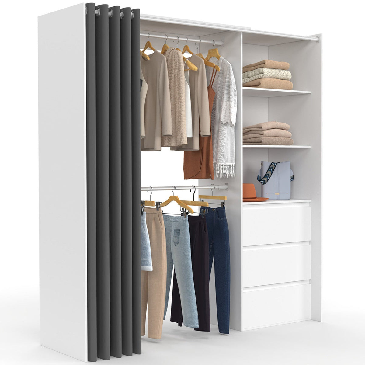 Dressing extensible MARTY 120/170 x 50 x 180 cm blanc avec 3 tiroirs + étagères + double penderie + rideau gris