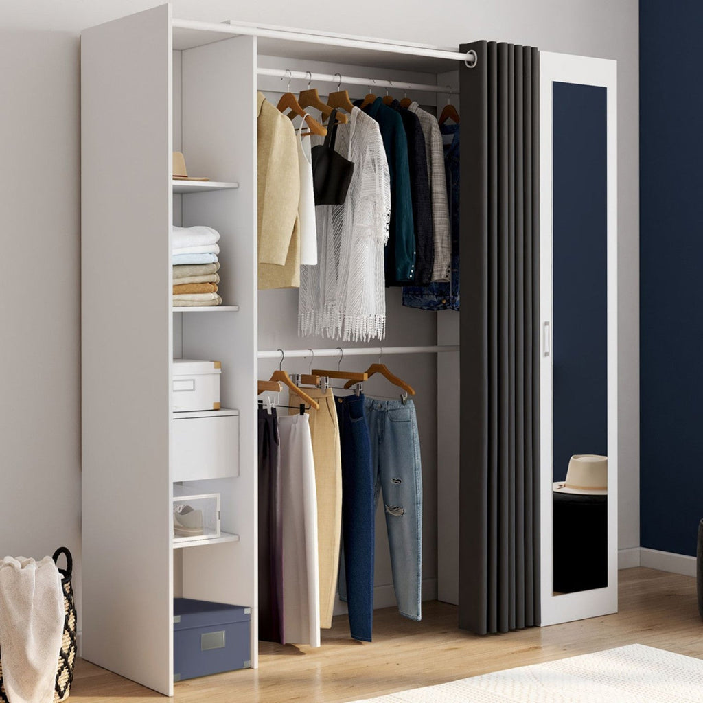 Dressing extensible MERYL 145/170 x 50 x 180 cm blanc avec étagères + double penderie + miroir + rideau gris