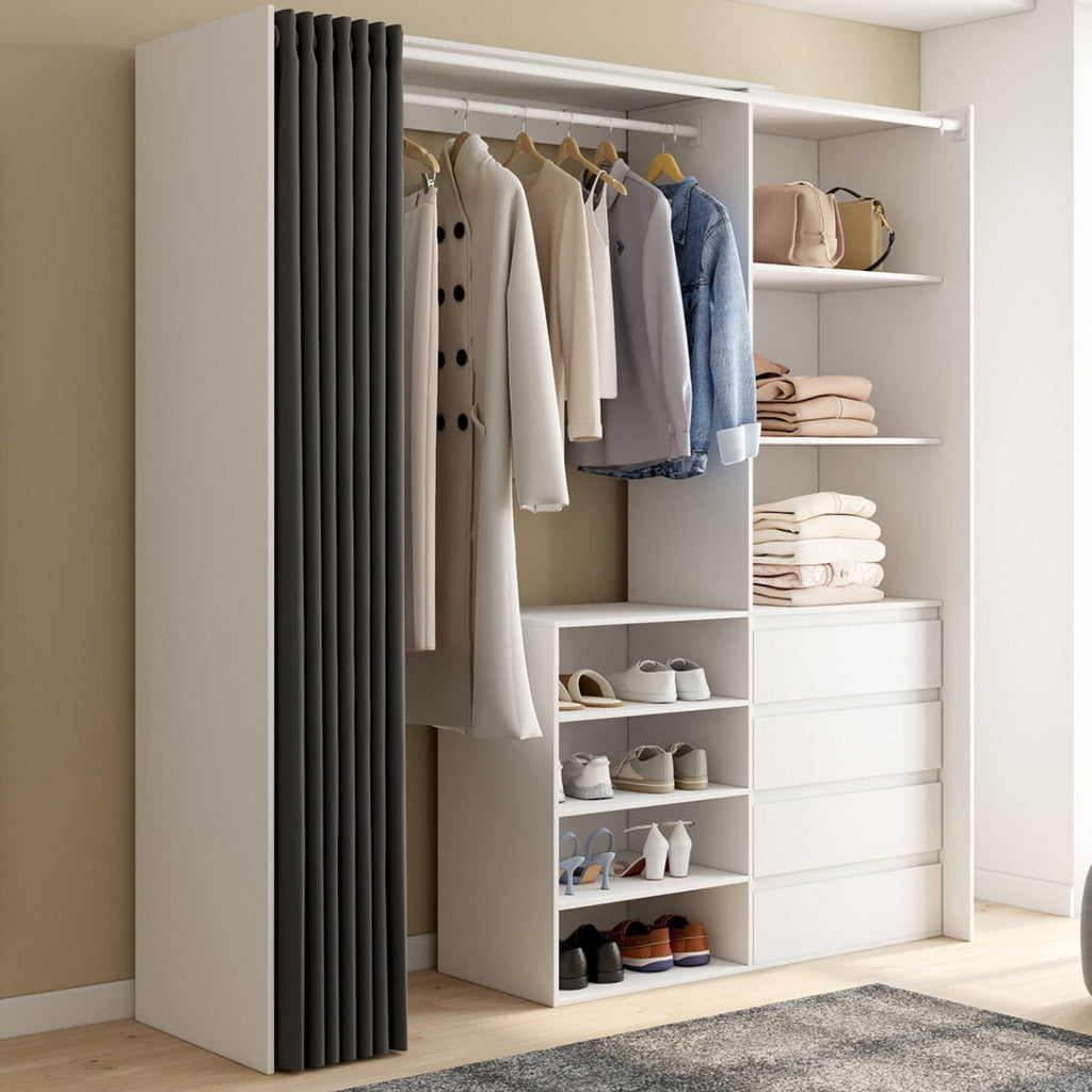 Dressing extensible XXL MARTY 120/170 x 50 x 180 cm blanc avec 4 tiroirs + étagères + penderie + rideau gris