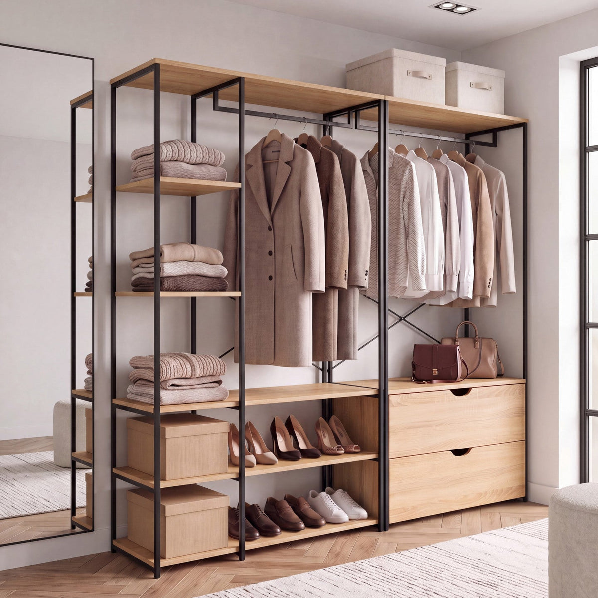 Dressing modulable double penderie avec étagères et 2 tiroirs DETROIT style industriel