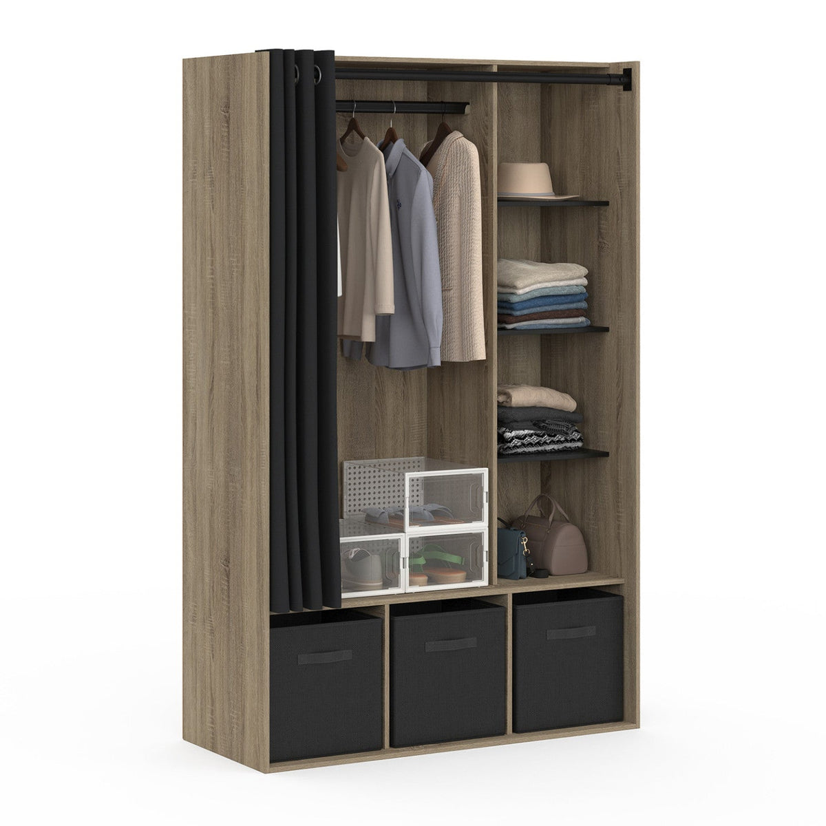 Penderie dressing DIANE 105 x 45 x 167 cm hêtre avec étagères + boîtes de rangement + rideau noir