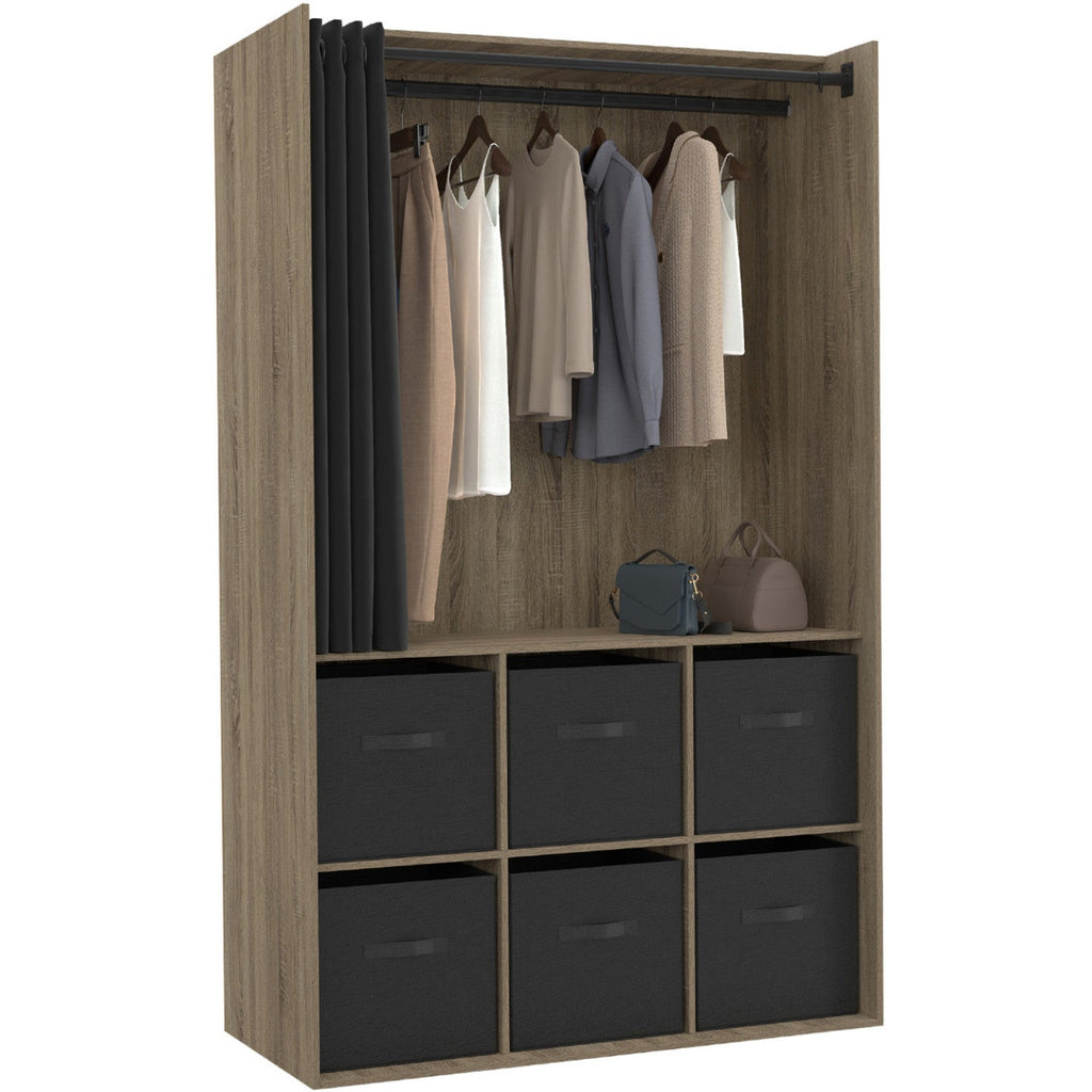 Armoire-penderie DIANE 104 x 50 x 172 cm hêtre avec 6 boîtes de rangement + rideau noir