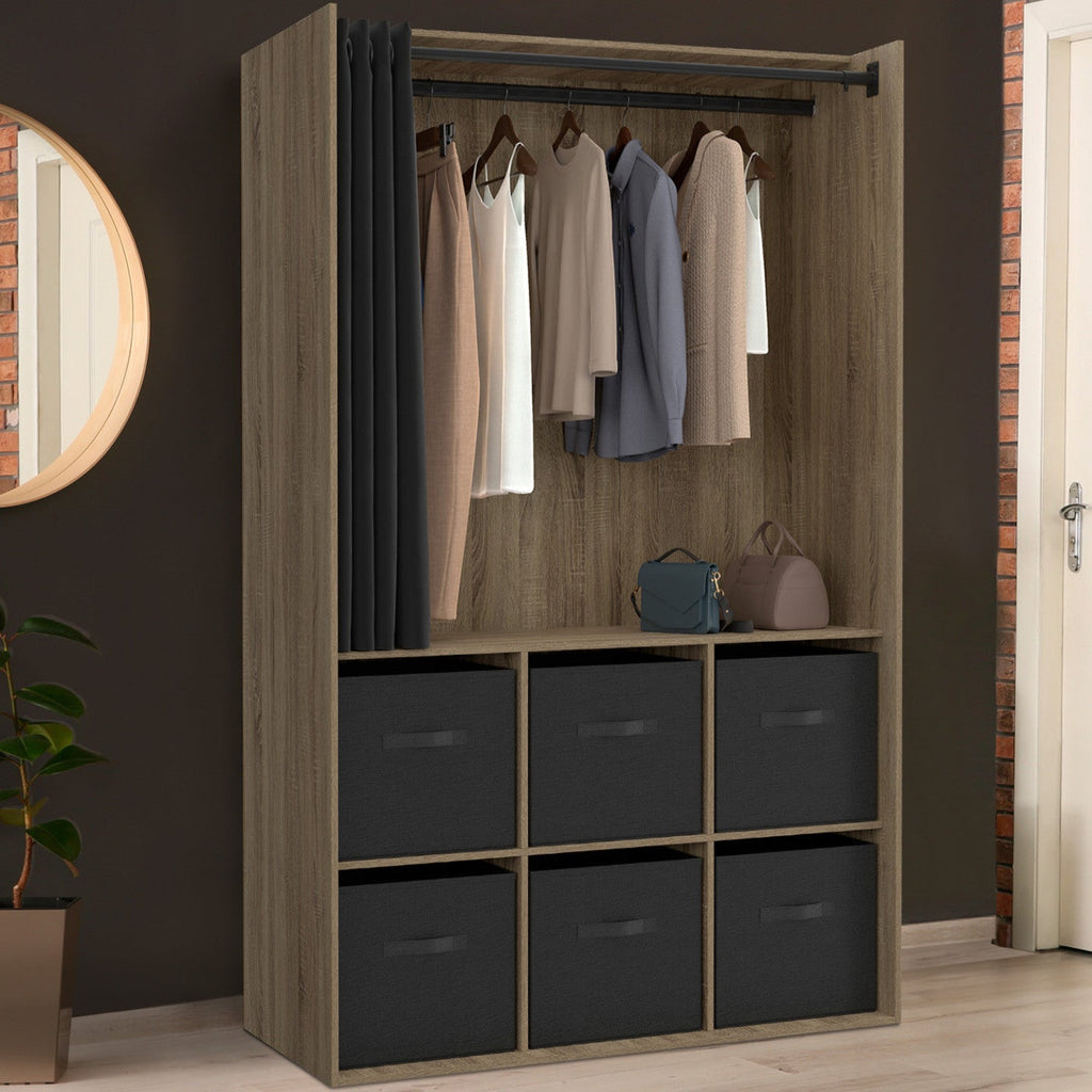 Armoire-penderie DIANE 104 x 50 x 172 cm hêtre avec 6 boîtes de rangement + rideau noir