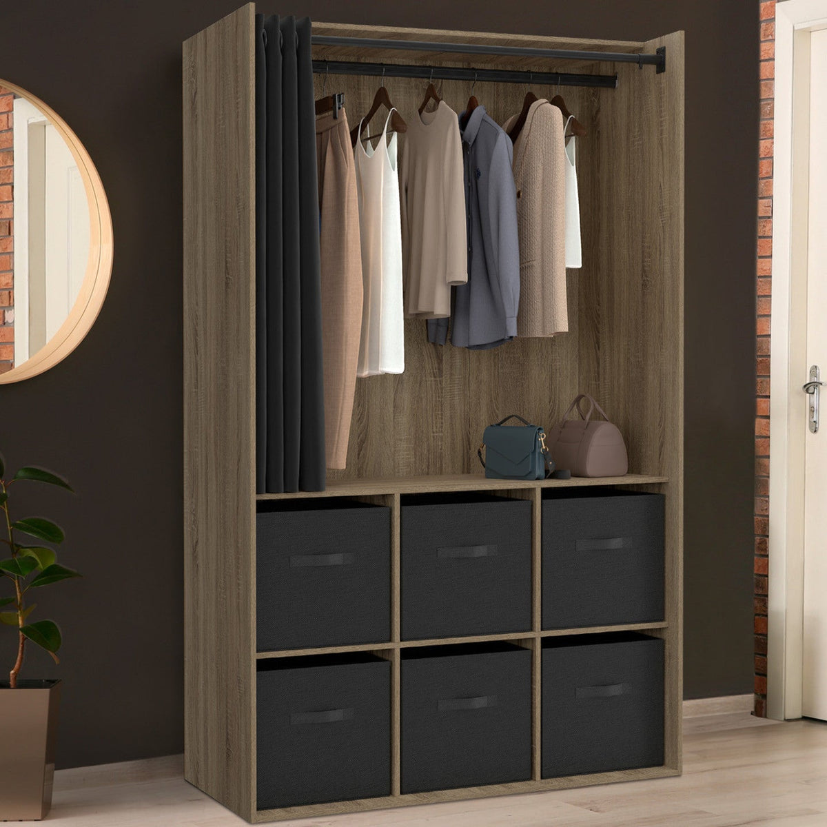 Armoire-penderie DIANE 104 x 50 x 172 cm hêtre avec 6 boîtes de rangement + rideau noir