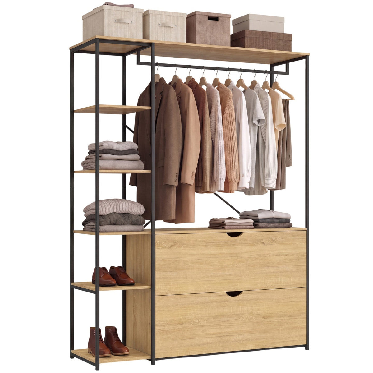 Dressing penderie avec étagères L. 113 cm DETROIT 2 tiroirs design industriel