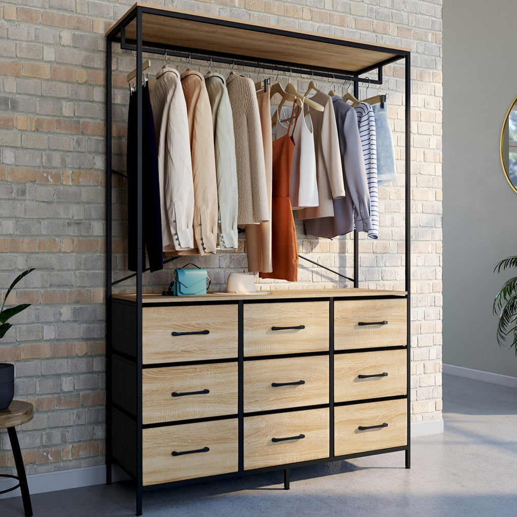 Penderie dressing UTAH L. 113 cm avec 9 bacs en tissu bois et noir