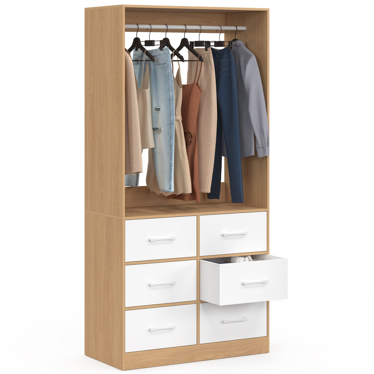 Armoire-penderie L. 80 cm UPPAH avec 6 tiroirs effet hêtre et blanc