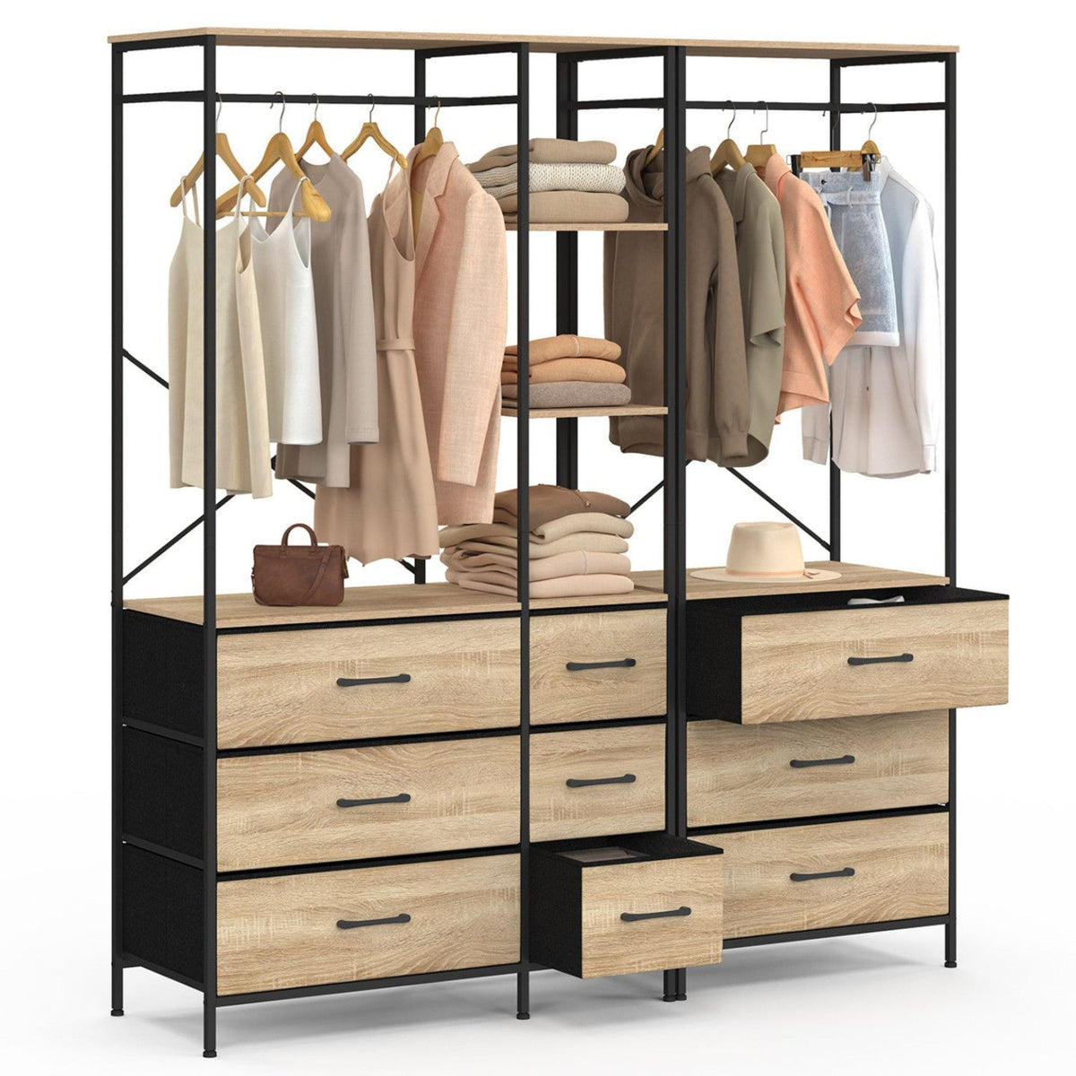 Dressing modulable L. 150 cm UTAH XXL avec 3 étagères et 9 bacs en tissu bois et noir