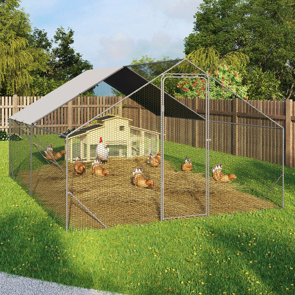 Enclos poulailler 12 m² 4x3 m avec grand perchoir 4 niveaux en bois et acier galvanisé