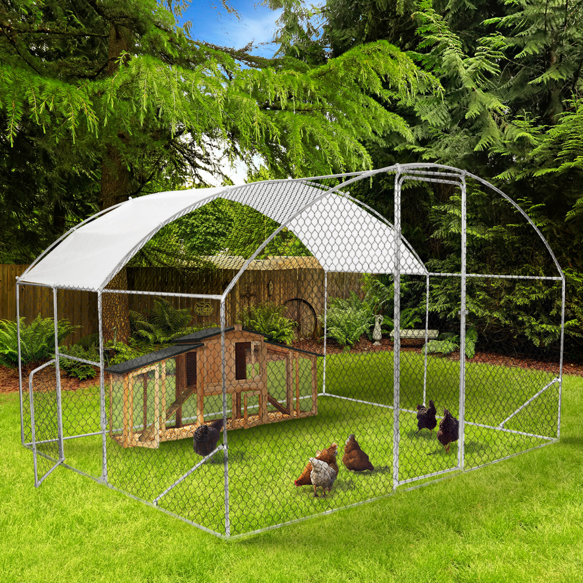 Poulailler dôme 7,5 m² enclos grillagé 3x2,5 m avec porte latérale