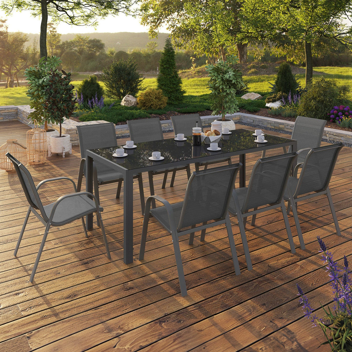 Salon de jardin MADRID table 190 cm et 8 chaises empilables gris anthracite