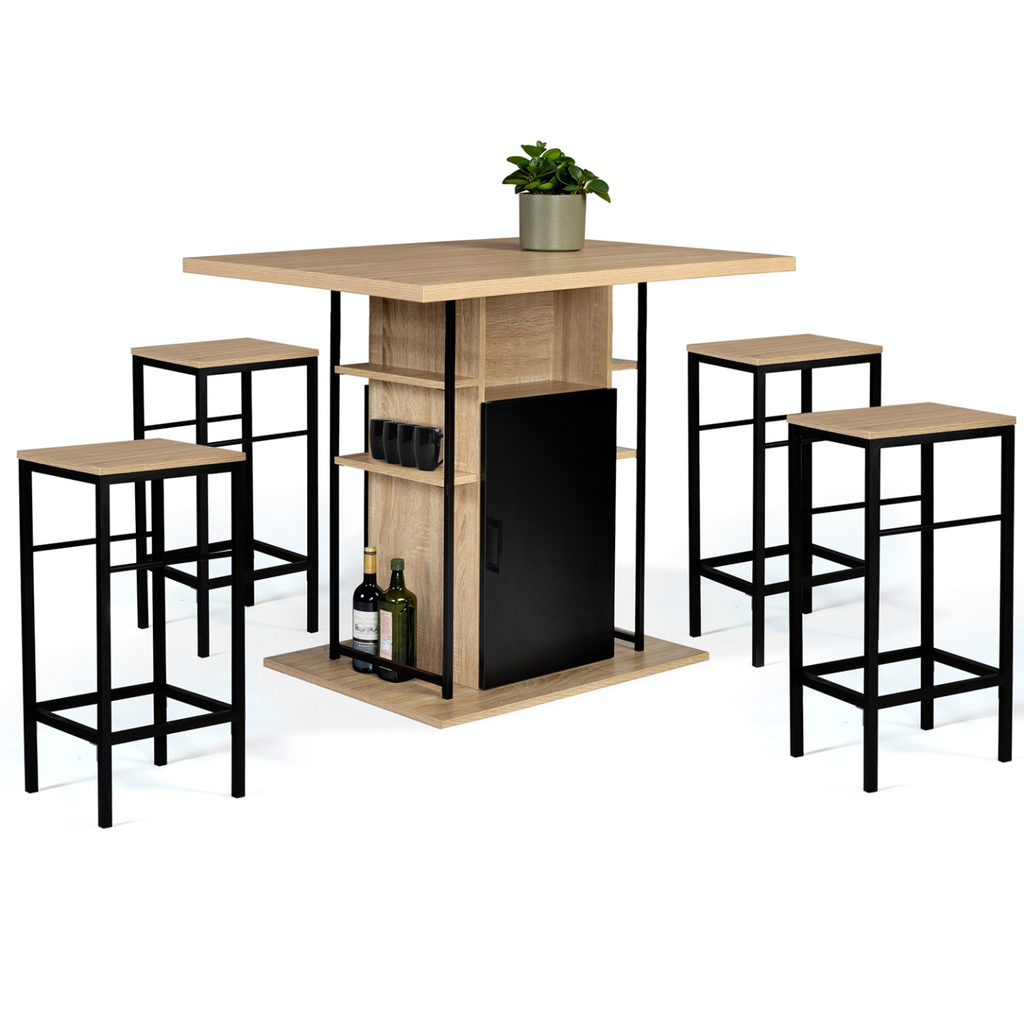 Ensemble îlot central 110 cm bois noir et imitation hêtre et 4 tabourets design industriel
