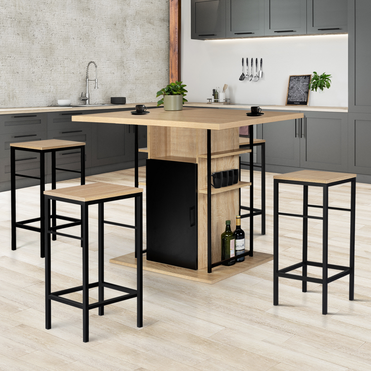 Ensemble îlot central 110 cm bois noir et imitation hêtre et 4 tabourets design industriel