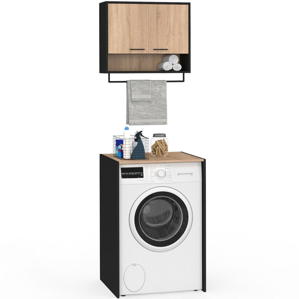 Ensemble meubles de buanderie WALLIS noir et décor hêtre pour lave-linge
