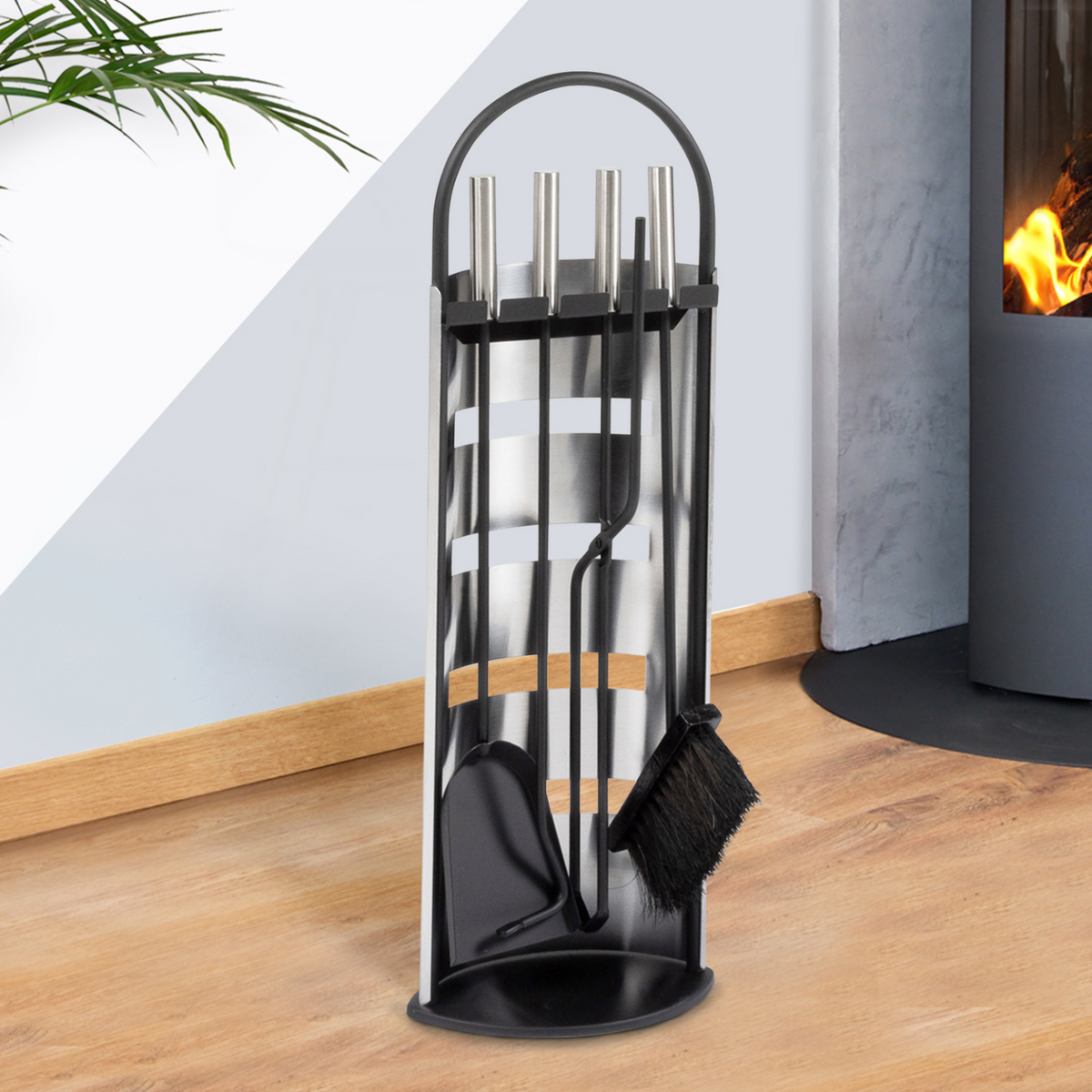 Ensemble serviteur de cheminée noir inox 5 pièces : pelle, balai, tisonnier, pince avec support