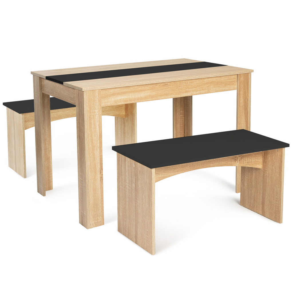 Ensemble table à manger ROZY et 2 bancs pour 4 personnes, aspect hêtre et noir, 110 cm