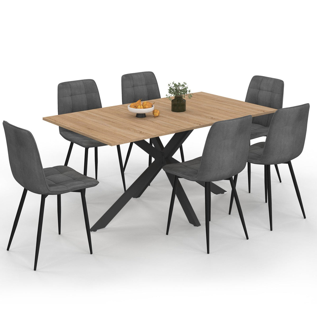 Ensemble table à manger rectangulaire ALIX 160 cm bois et noir et 6 chaises MILA en velours gris foncé