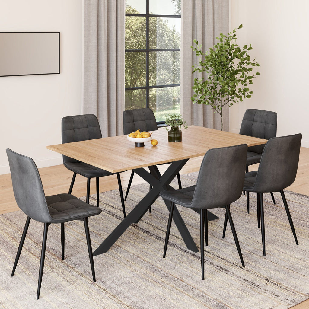 Ensemble table à manger rectangulaire ALIX 160 cm bois et noir et 6 chaises MILA en velours gris foncé