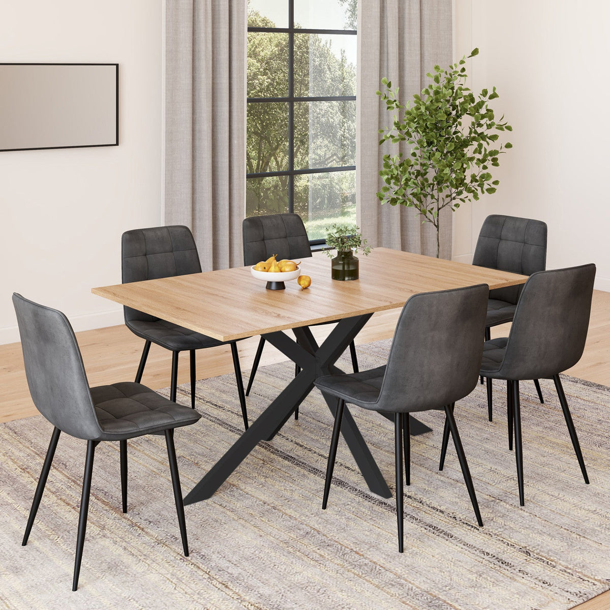 Ensemble table à manger rectangulaire ALIX 160 cm bois et noir et 6 chaises MILA en velours gris foncé