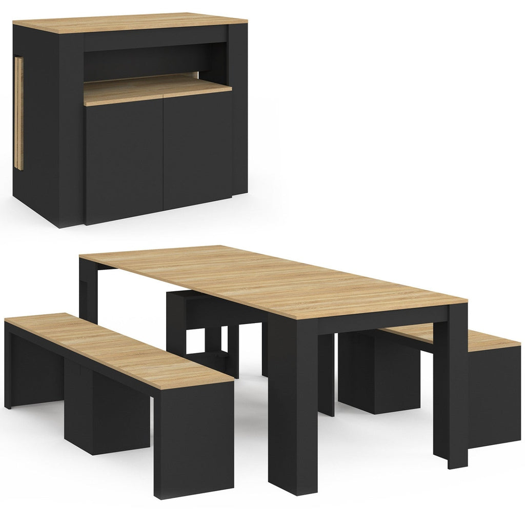 Ensemble table console avec bancs extensibles ORLANDO 10 personnes 235 cm bois noir et décor hêtre