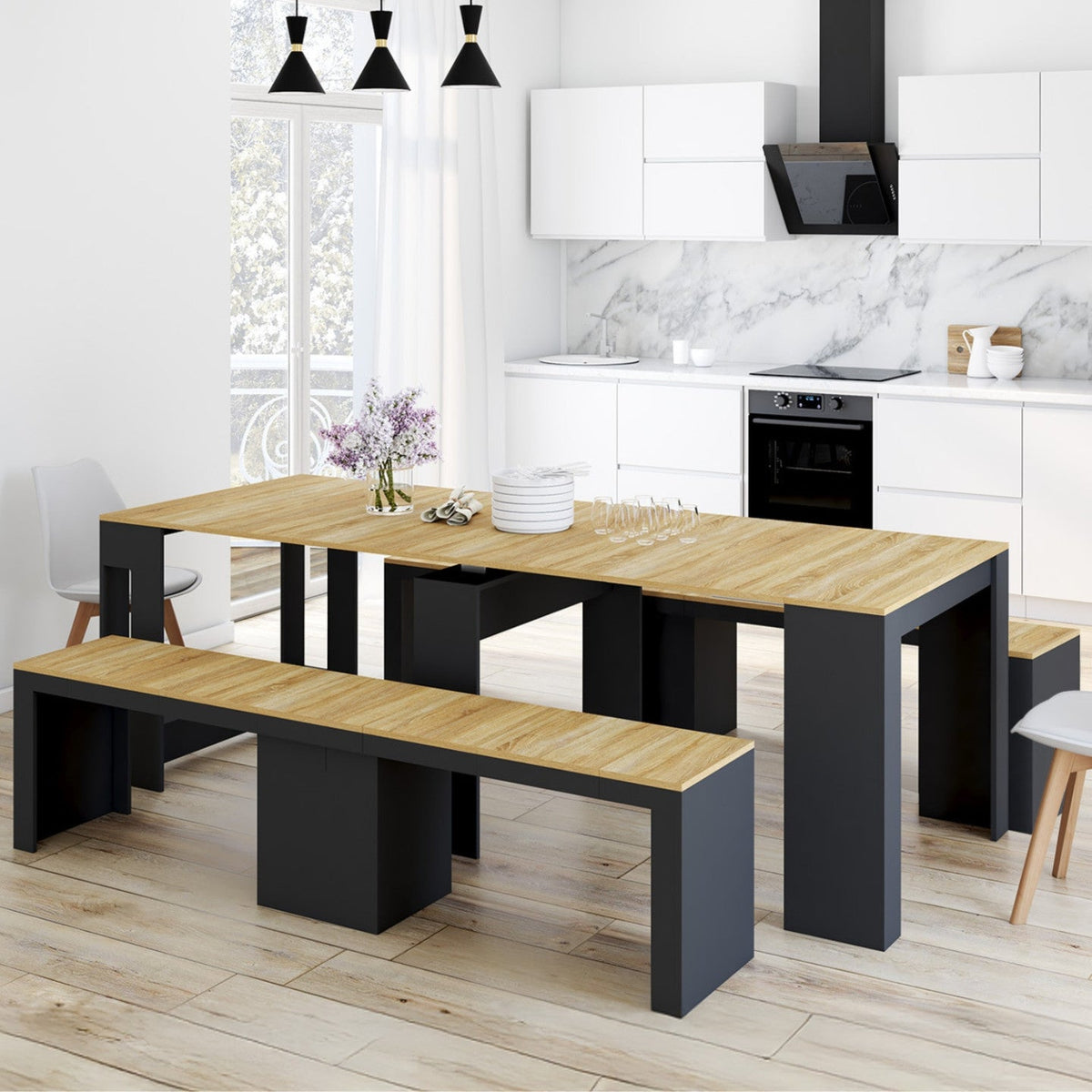 Ensemble table console avec bancs extensibles ORLANDO 10 personnes 235 cm bois noir et décor hêtre