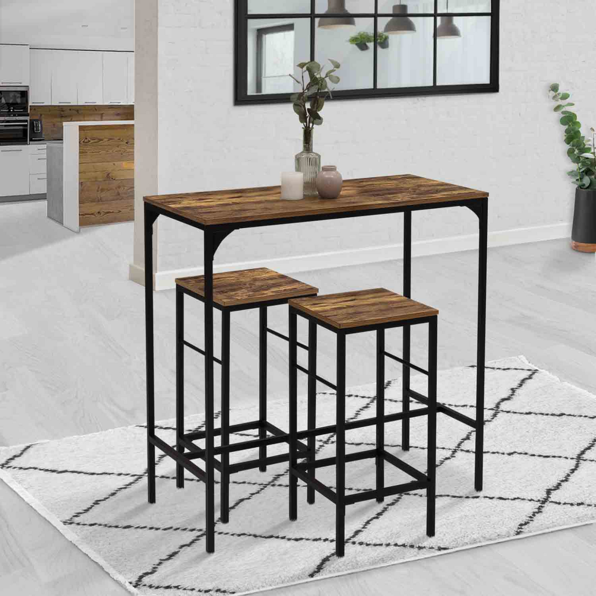 Ensemble table haute de bar DAYTON 95 cm et 2 tabourets effet vieilli style industriel