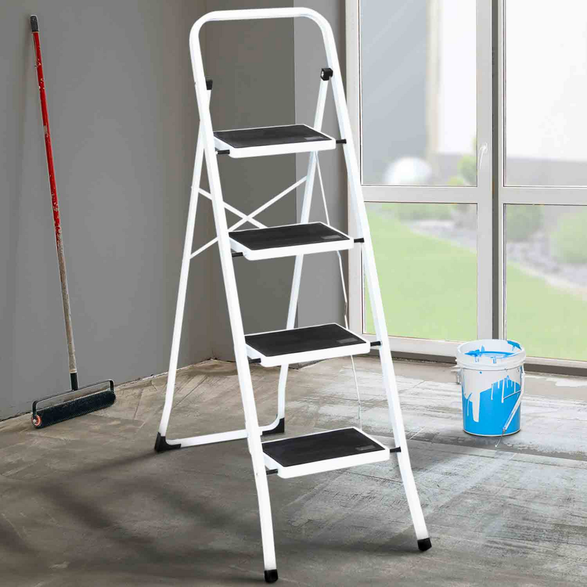 Escabeau pliable 4 marches antidérapantes avec garde-corps