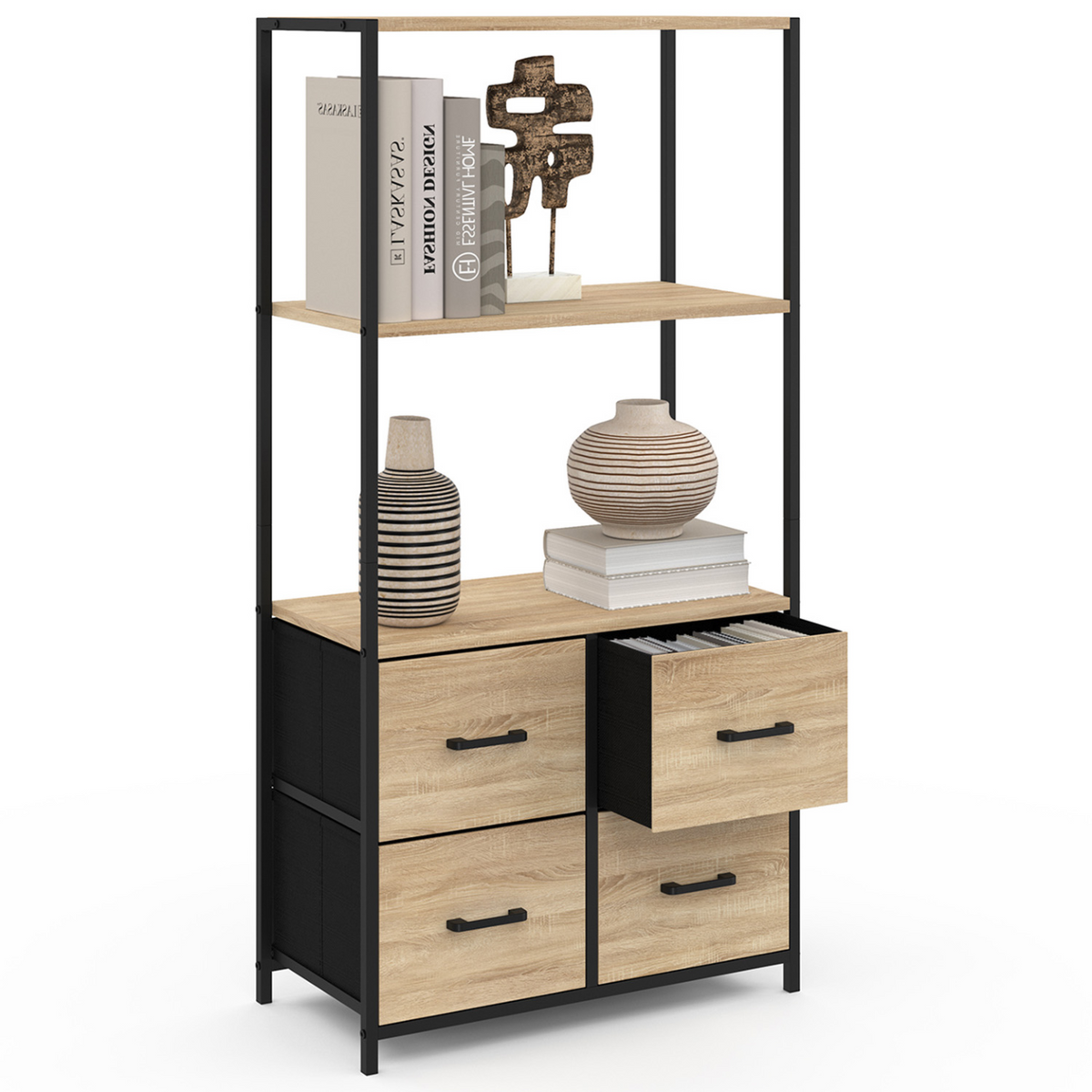 Étagère 3 niveaux avec 4 tiroirs en tissu UTAH 120 cm meuble de rangement design industriel