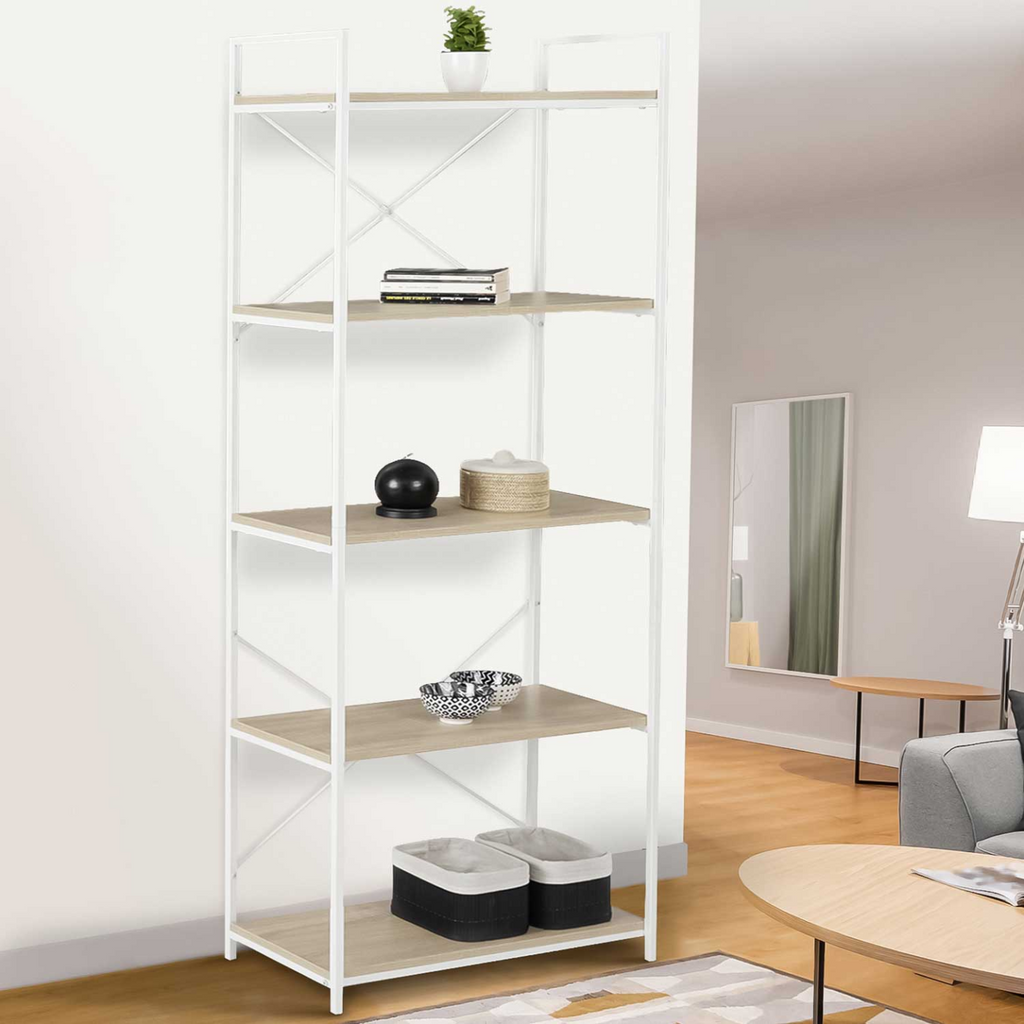 Étagère 5 niveaux DETROIT design industriel bois et métal blanc 170 cm