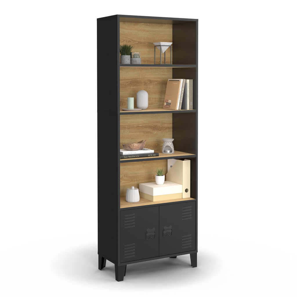 Étagère bibliothèque 5 niveaux avec placard ESTER, portes en métal noir et plateau en bois, design industriel