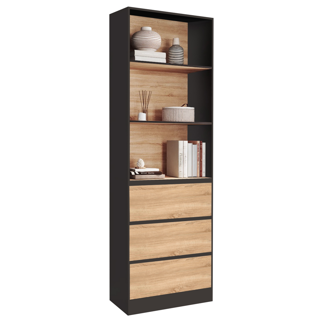 Bibliothèque étagère CARLA 3 niveaux 3 tiroirs noir et effet bois 190 cm
