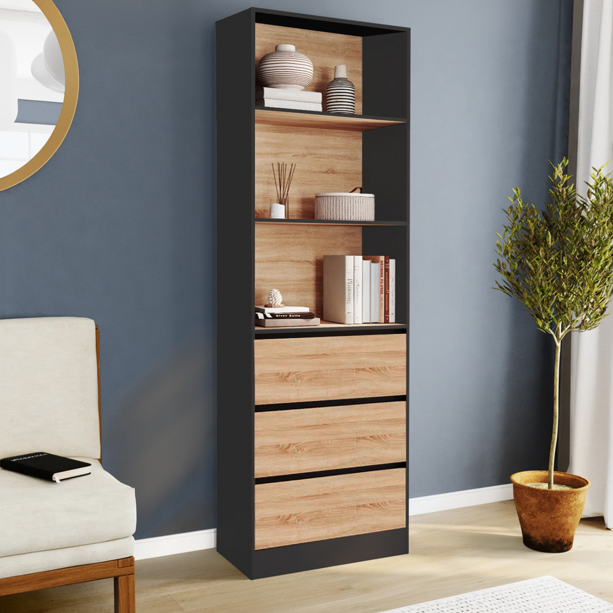 Bibliothèque étagère CARLA 3 niveaux 3 tiroirs noir et effet bois 190 cm