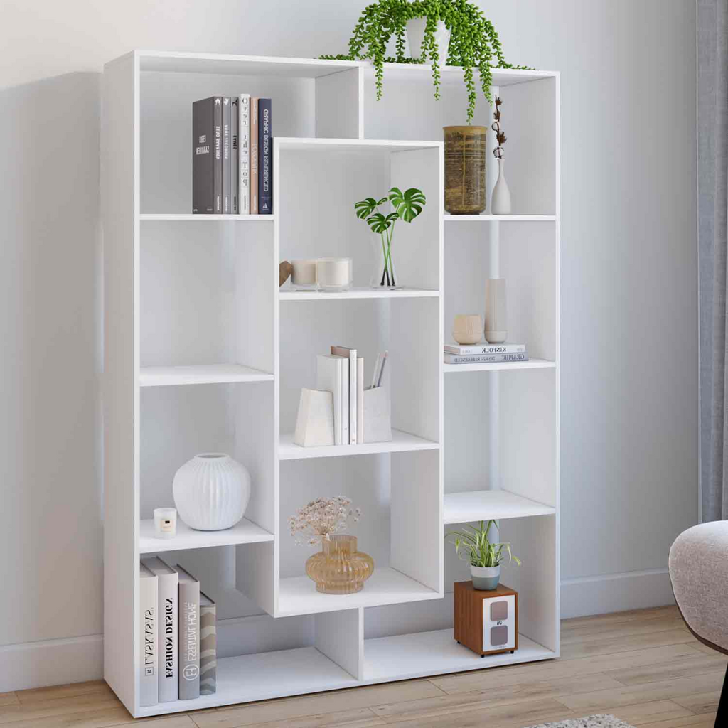 Étagère bibliothèque COLETTE avec 11 compartiments blanc 143 cm