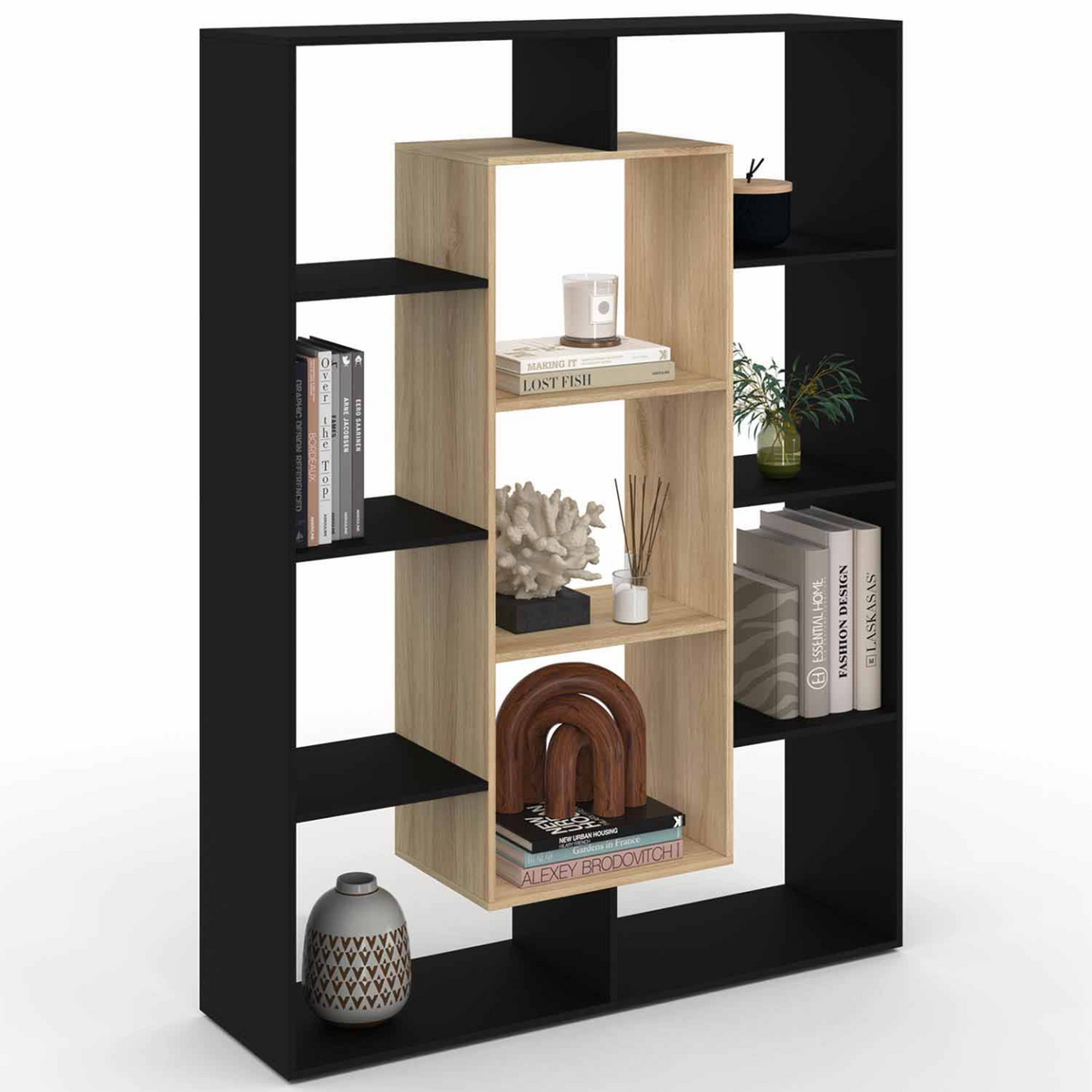 Étagère bibliothèque COLETTE avec 11 compartiments noir et effet bois 143 cm