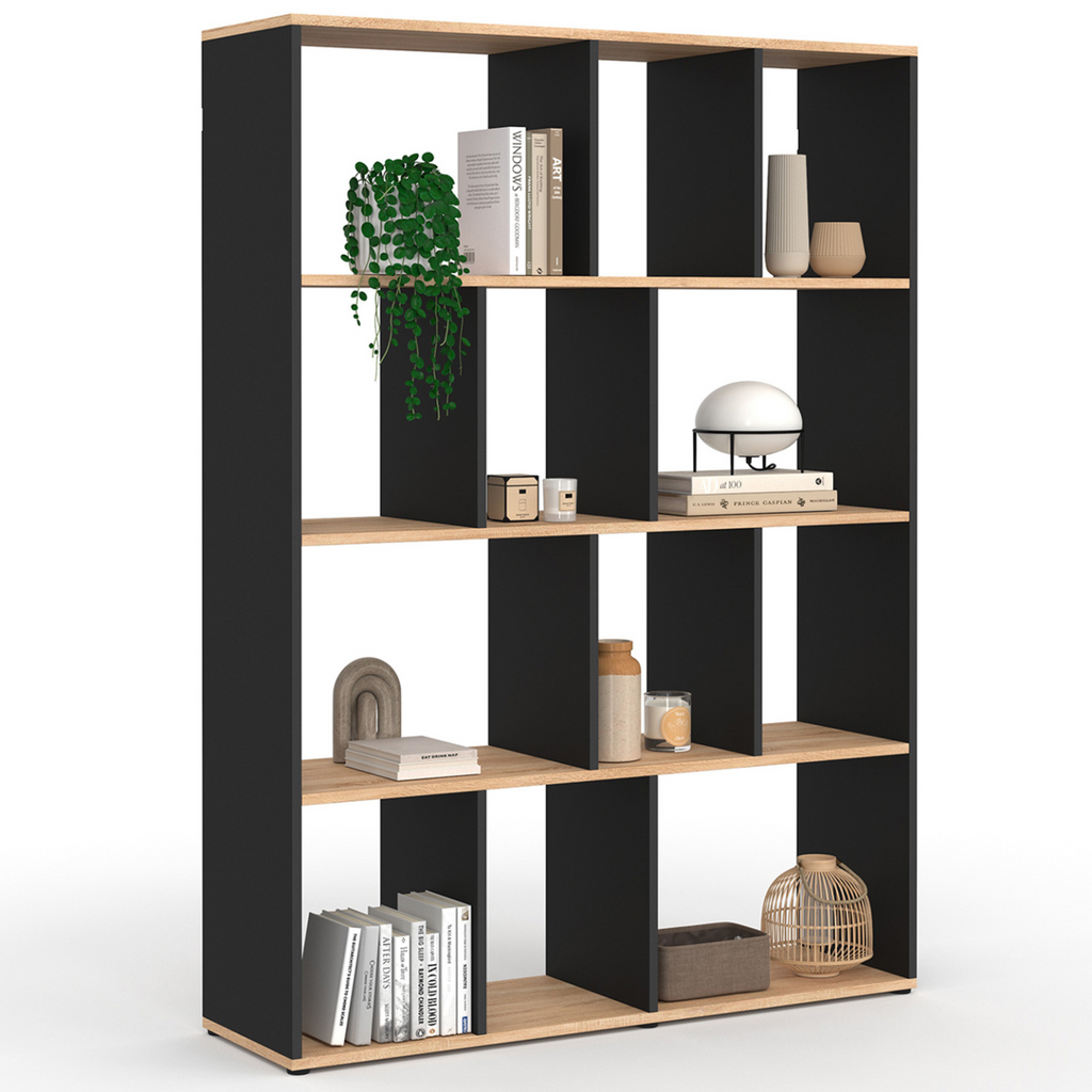 Étagère bibliothèque JENA 4 niveaux noir et effet bois 143 cm