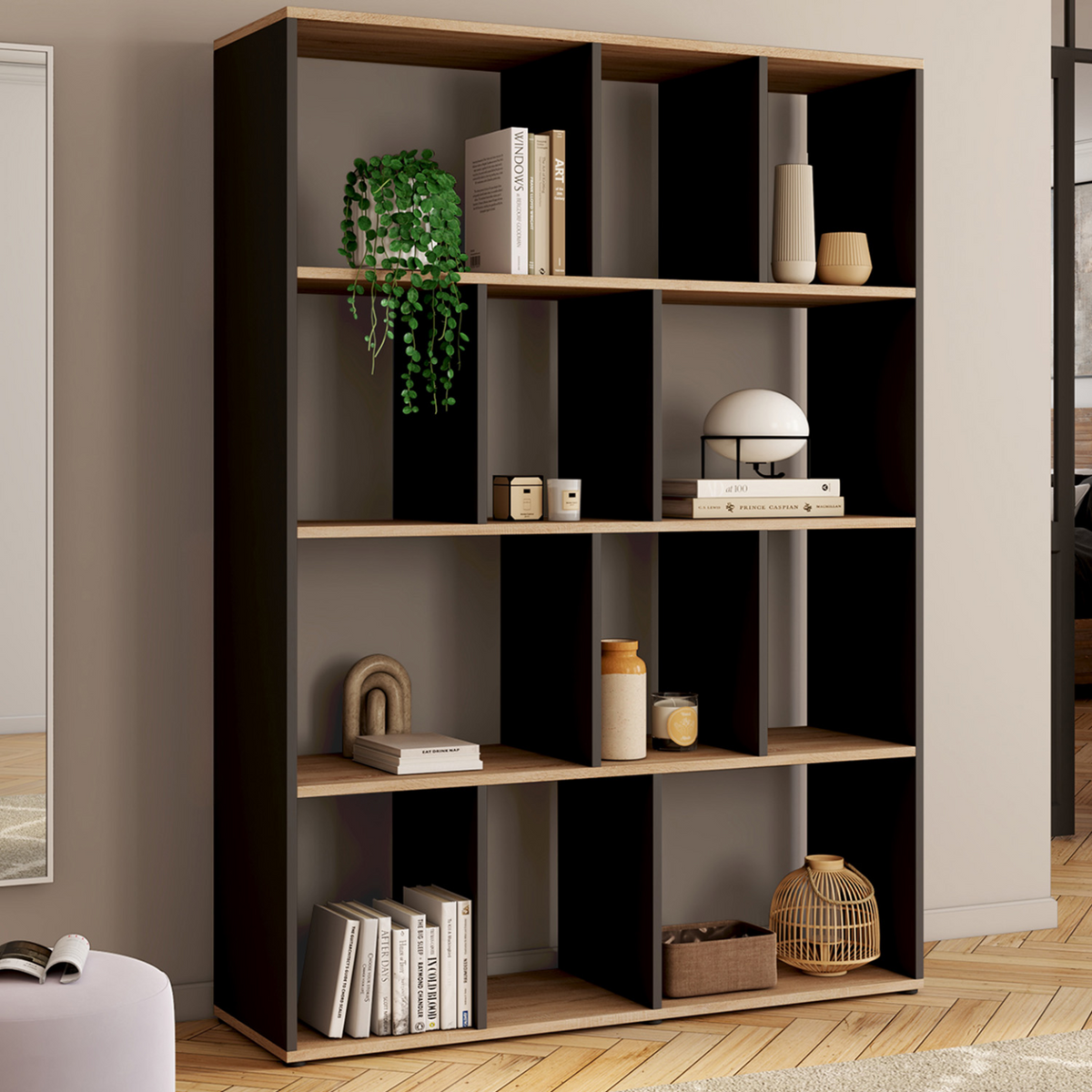 Étagère bibliothèque JENA 4 niveaux noir et effet bois 143 cm