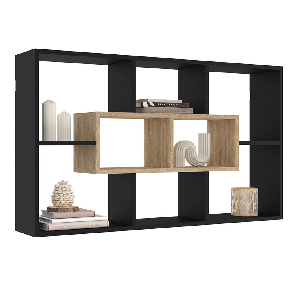 Étagère murale COLETTE avec 8 compartiments, noir et effet bois